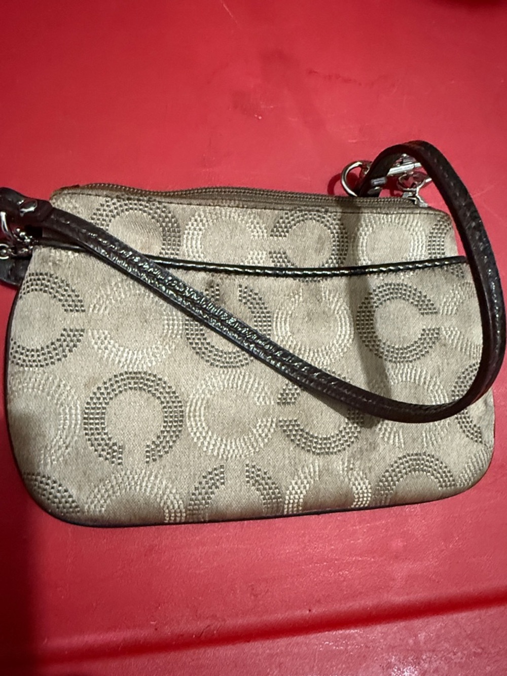 Coach Signature Beige Canvas Wristlet with Dark Brown Strap